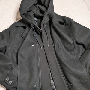 Black Wool Peacoat Hooded Coat XXL Removable Hood